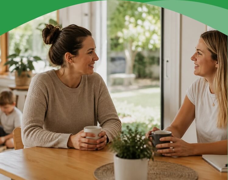 Two helpers chatting over coffee